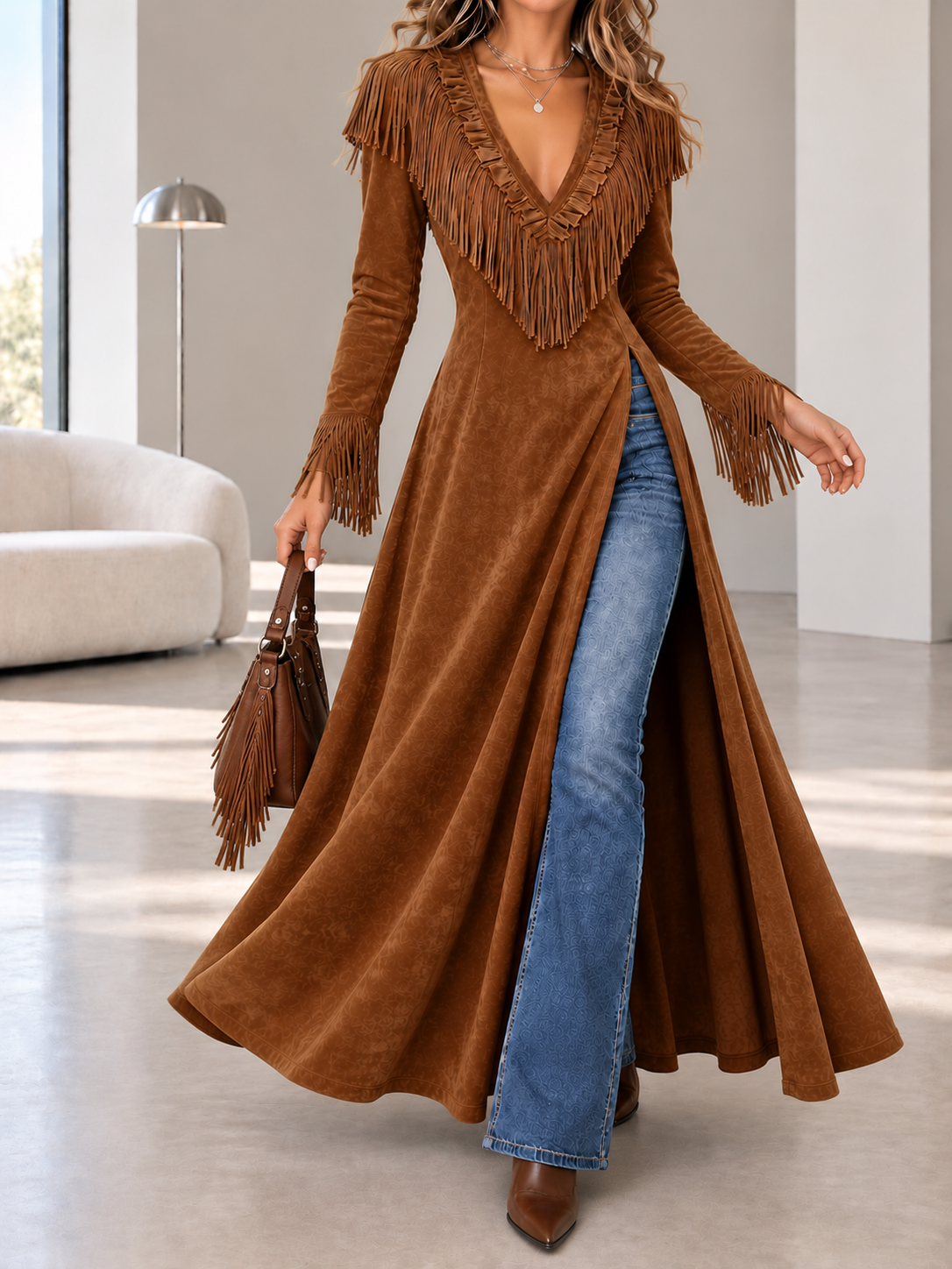 Women's Western Fringe Side Slit Maxi Dress