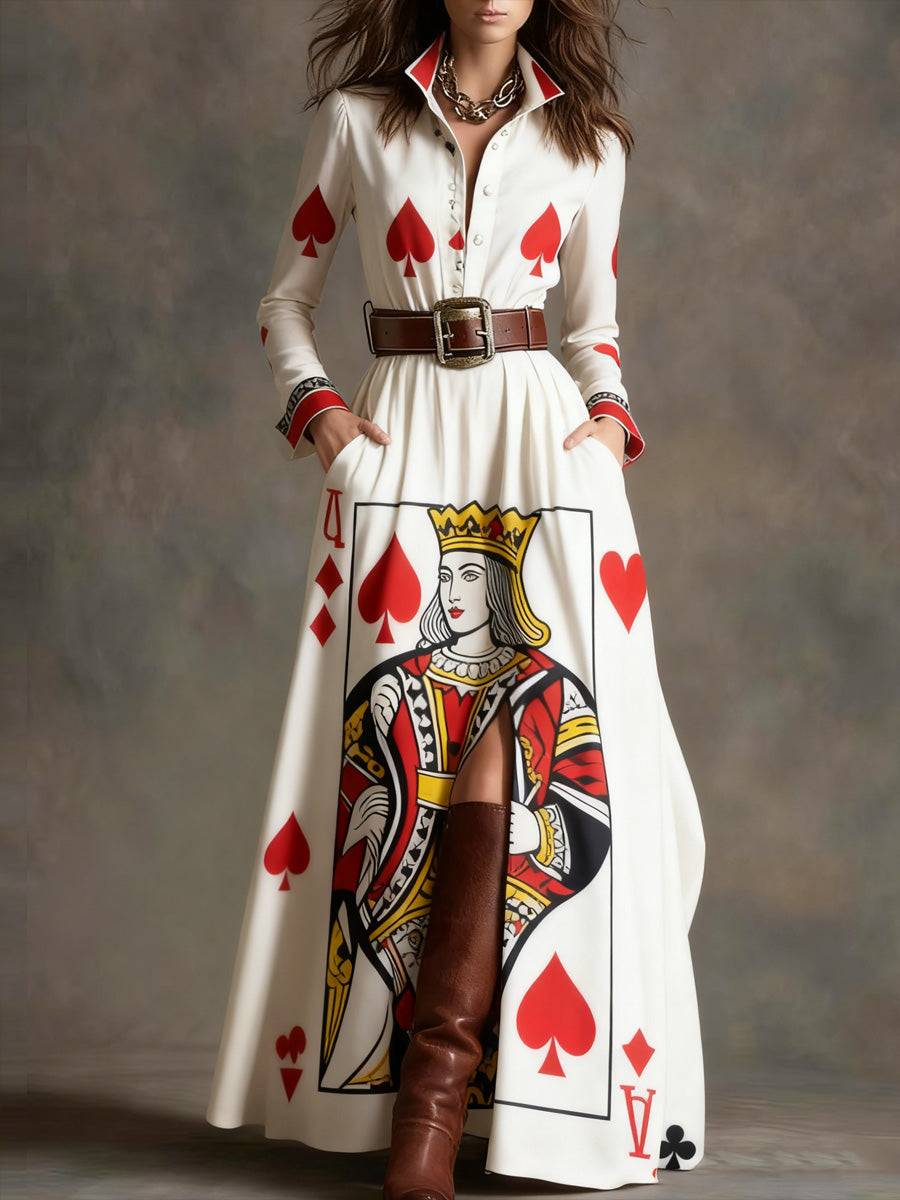 Retro Poker Art Texture Printed V-Neck Vintage Pocket-Style Long Sleeve Maxi Dress