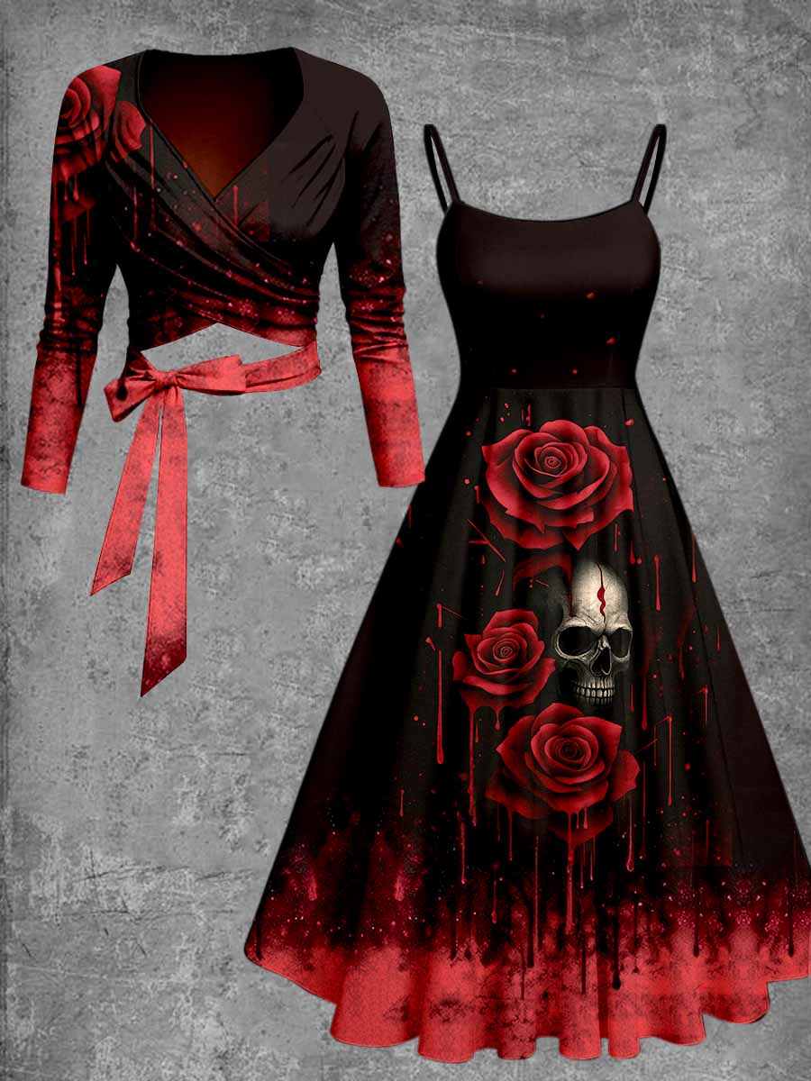 Retro Gothic Floral Art Printed Vintage Unique Slim Fit Cross Wrap Long Sleeve Two-Piece Midi Dress