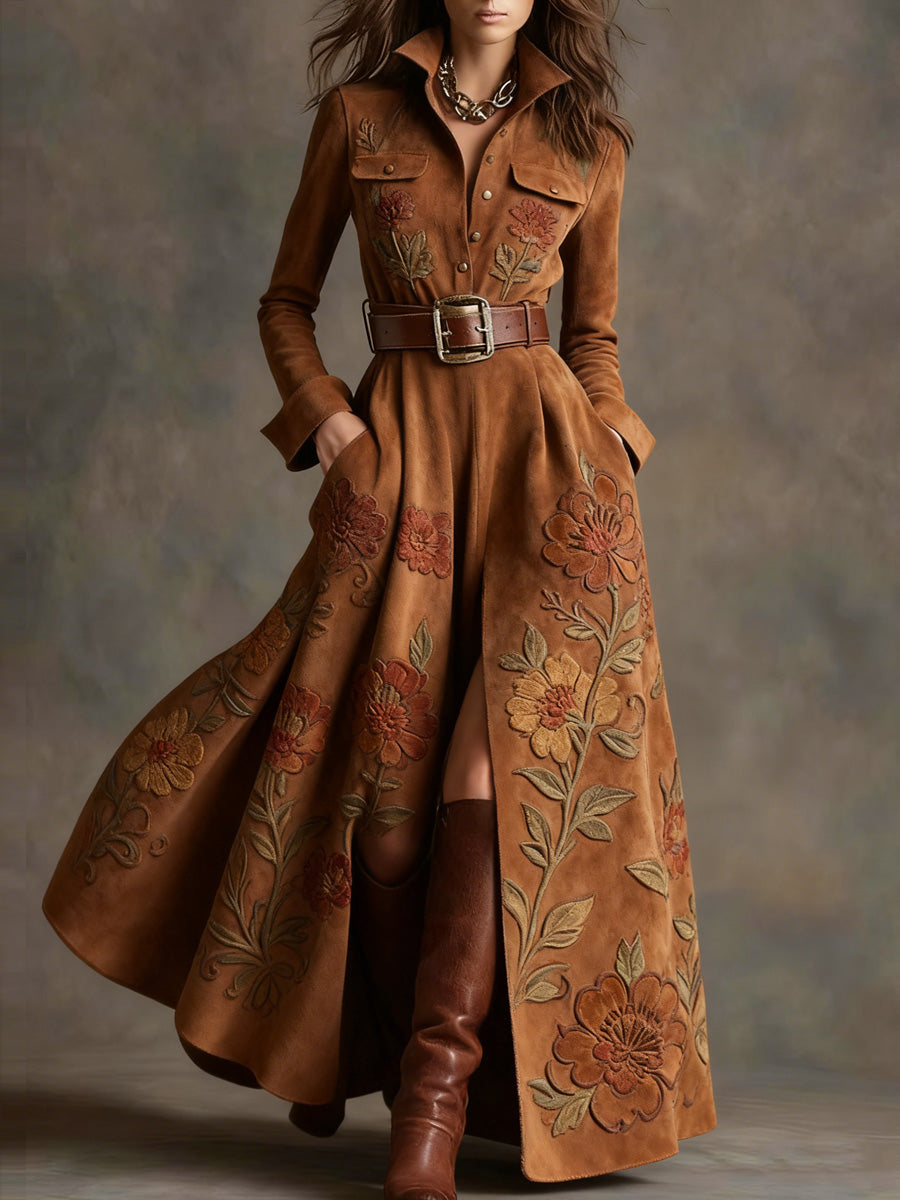 Retro Floral Art Texture Printed V-Neck Vintage Pocket-Style Long Sleeve Maxi Dress
