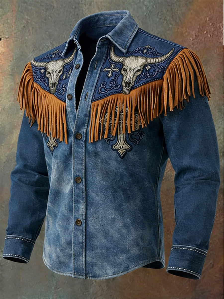Men's Retro Western Style Art Print Vintage Tassel Casual Long Sleeve Shirt