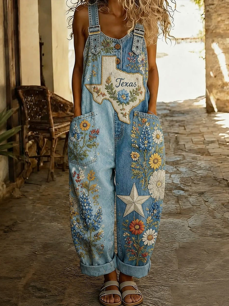 Women's Retro Style Print Washed Cotton Denim Patchwork Jumpsuit
