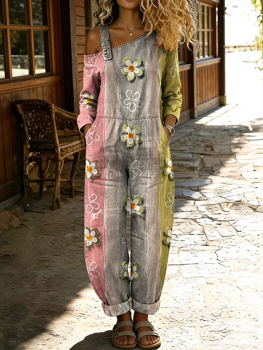 Women's Retro Style Floral Art Print Washed Cotton Denim Patchwork Jumpsuit