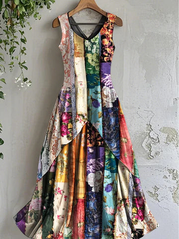 Floral Art Print Sleeveless V-Neck Retro Midi Dress