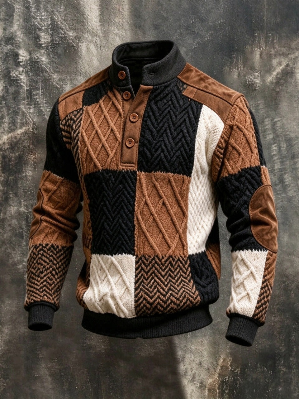 Men's Color-Block Jacquard Fabric Zipper Fur Collar Long Sleeve Sweatshirt